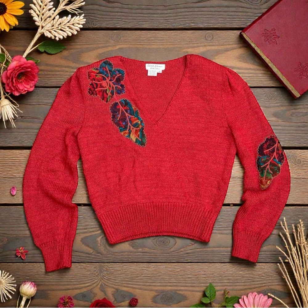Adolph Schuman for Lilli Ann Vintage Sweater Floral Appliqué S Small M Medium 10